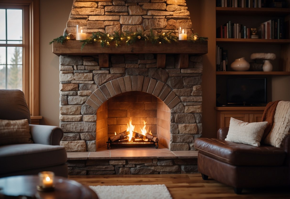 A cozy rustic stone corner fireplace with crackling flames and a warm glow, nestled in a charming living room setting