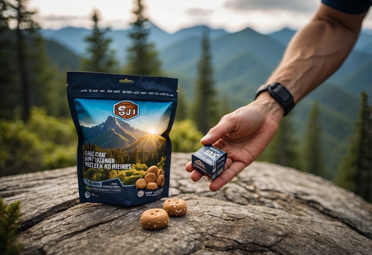 A trail runner's hand reaches into a pack of GU Energy Chews, surrounded by a scenic trail with trees and mountains in the background