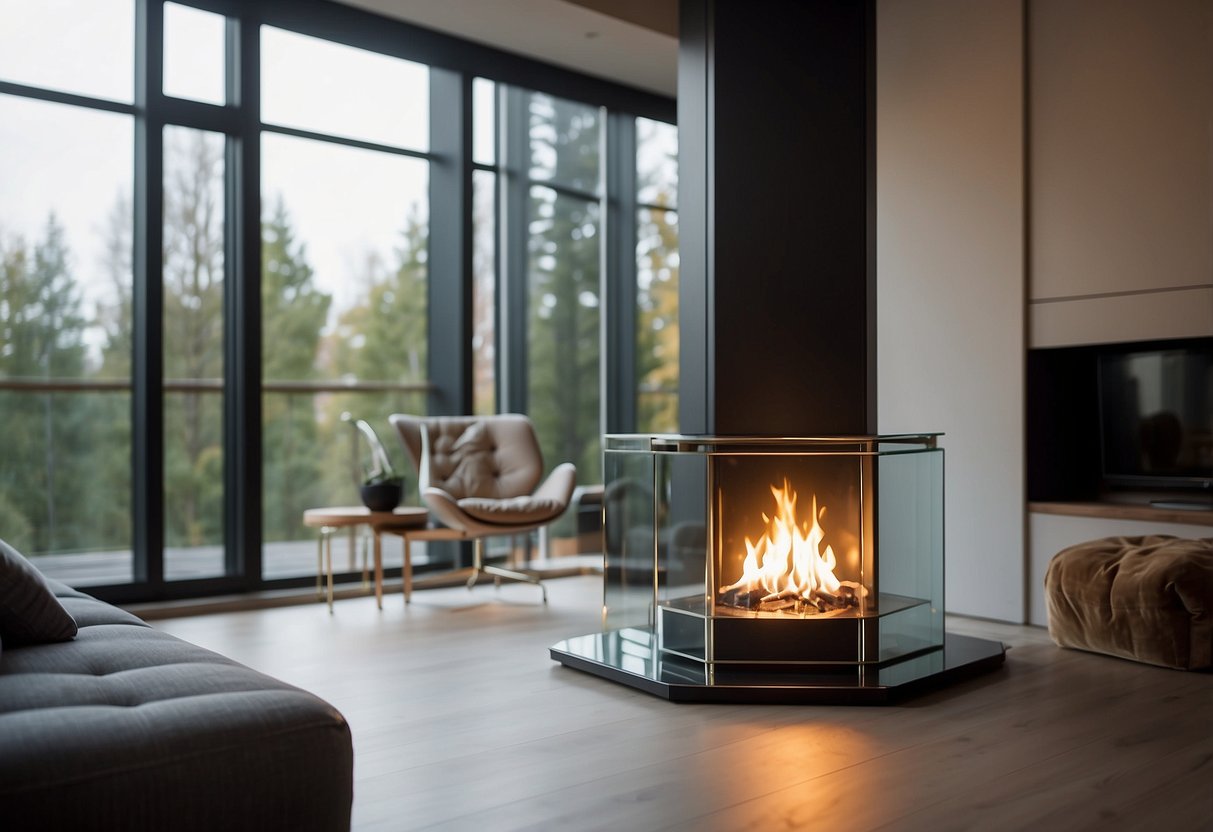 A modern glass-enclosed corner fireplace stands in a sleek living room, casting a warm glow against the surrounding walls and furniture