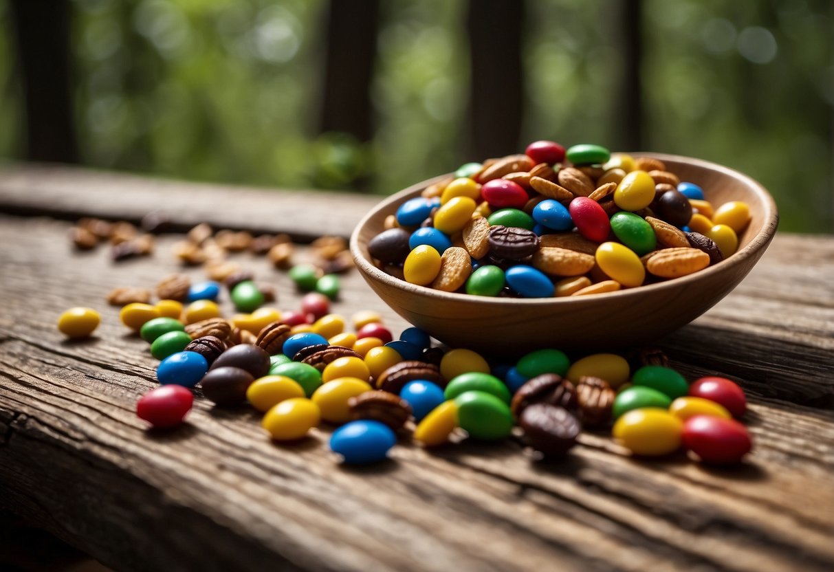 A pile of trail mix with colorful M&Ms, nuts, and dried fruit scattered on a rustic wooden table. A trail runner's shoes are placed nearby, hinting at the snack's intended audience