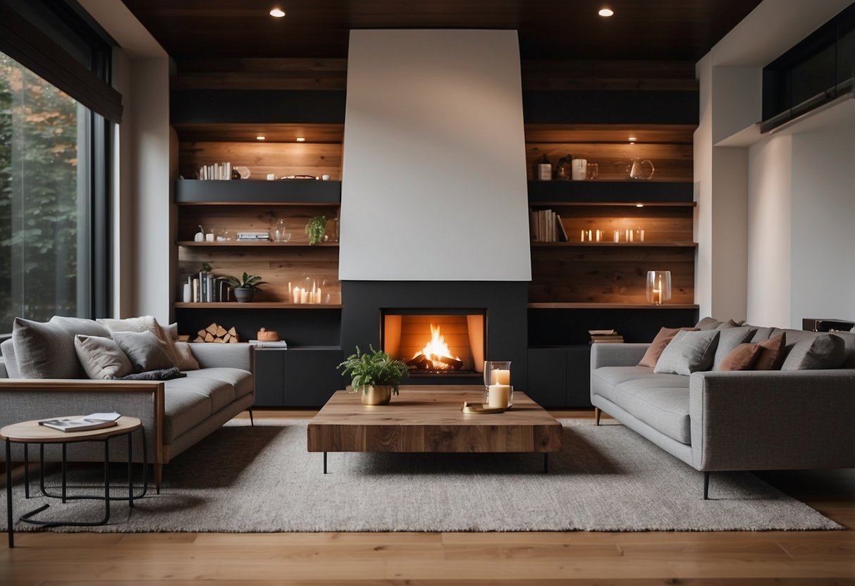 A cozy living room with a double-sided corner fireplace, surrounded by comfortable seating and warm lighting