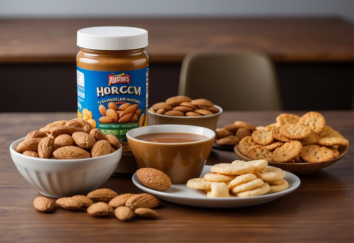 A table with a variety of snacks, including Justin's Classic Almond Butter Packets, arranged for easy access