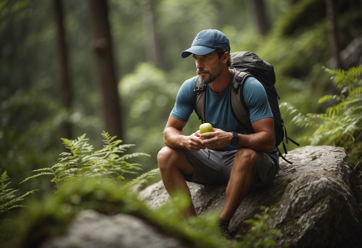 A trail runner sits on a rock, surrounded by lush greenery. They reach for a delicious snack from their backpack, taking a break to refuel and recharge for optimal performance