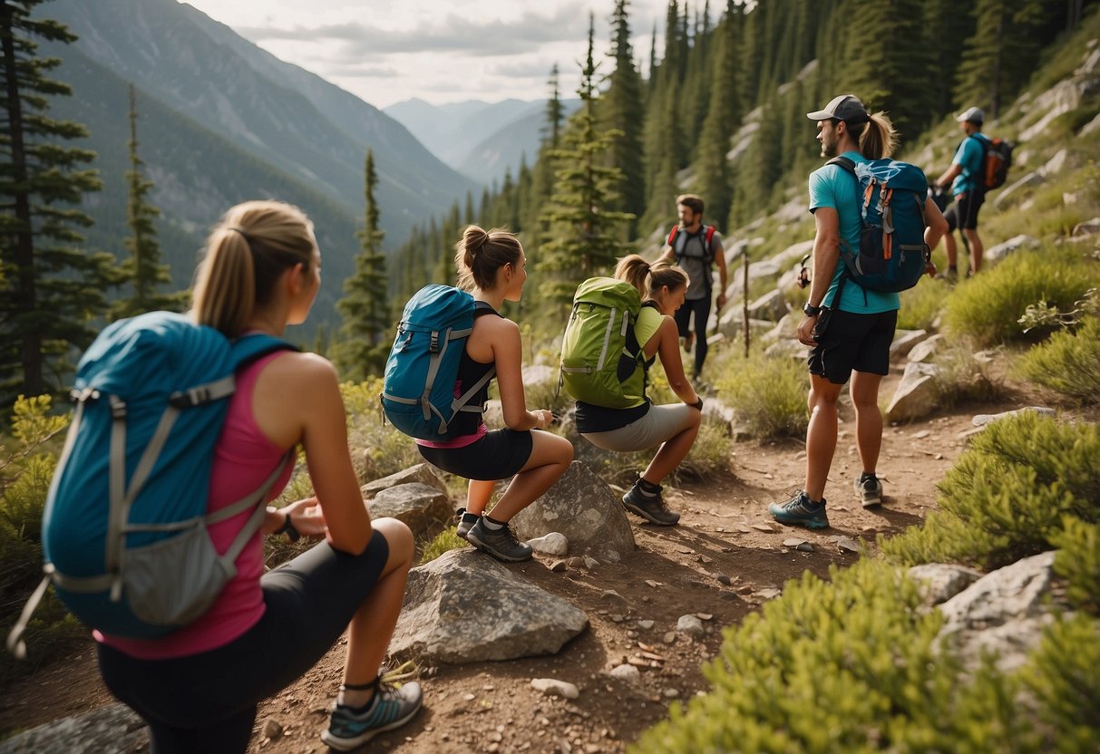 Trail runners enjoying a variety of snacks and staying hydrated with water bottles and hydration packs while surrounded by scenic trails and nature