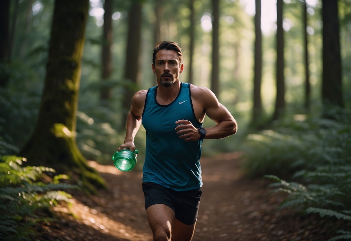 A runner navigates a forest trail, carrying a water bottle and wearing a headlamp. They stay alert, avoid distractions, and carry a whistle for emergencies