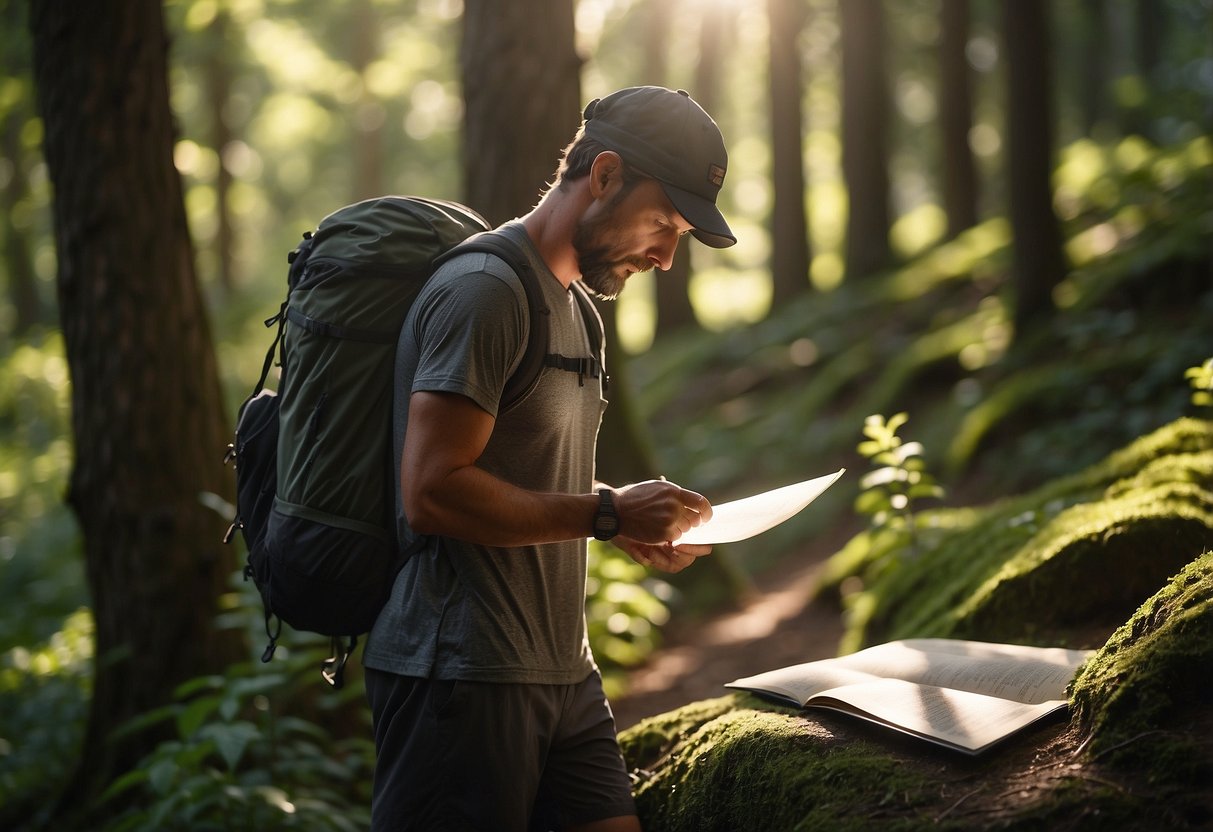 A trail runner stands at a trailhead, studying a map and checking their gear. The sun is shining through the trees, casting dappled shadows on the path ahead. They are surrounded by lush greenery and the sounds of nature