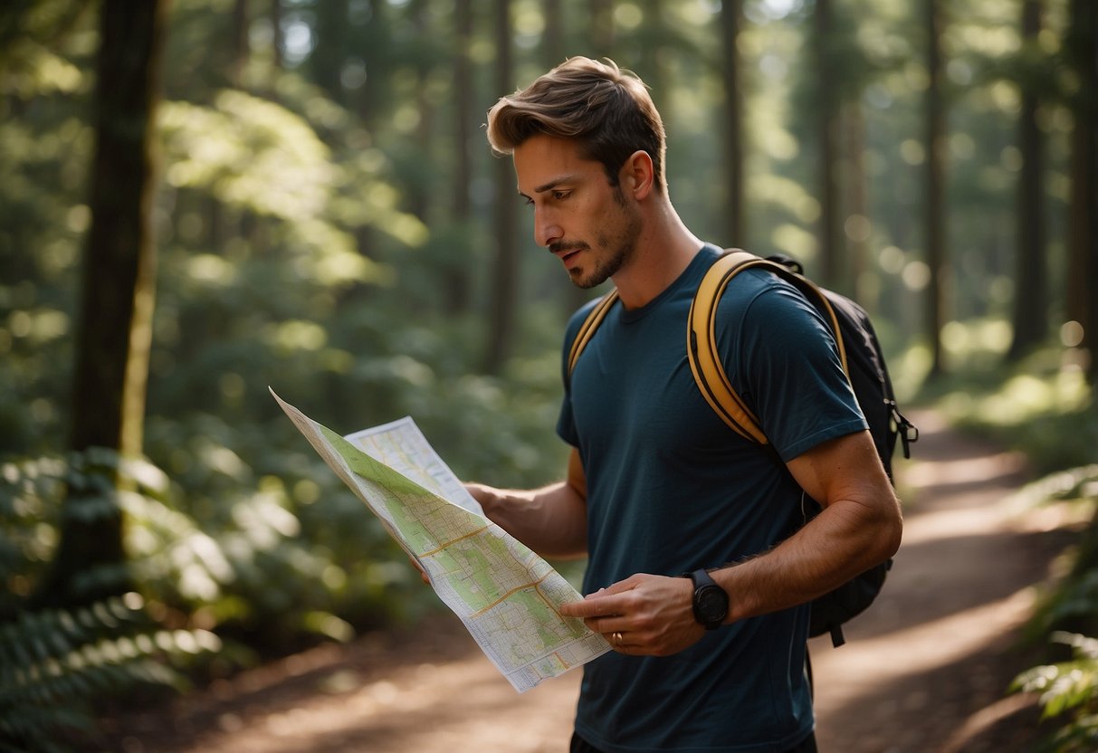 A runner shows a map to a friend. Safety tips are written on a sign. Forest trail in the background