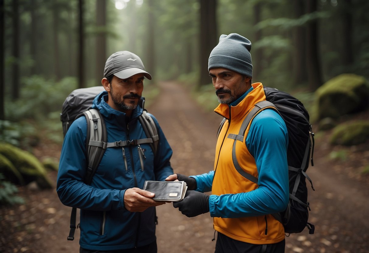 A trail runner holds a wallet with ID, wearing a reflective vest and headlamp, surrounded by trees and a winding path