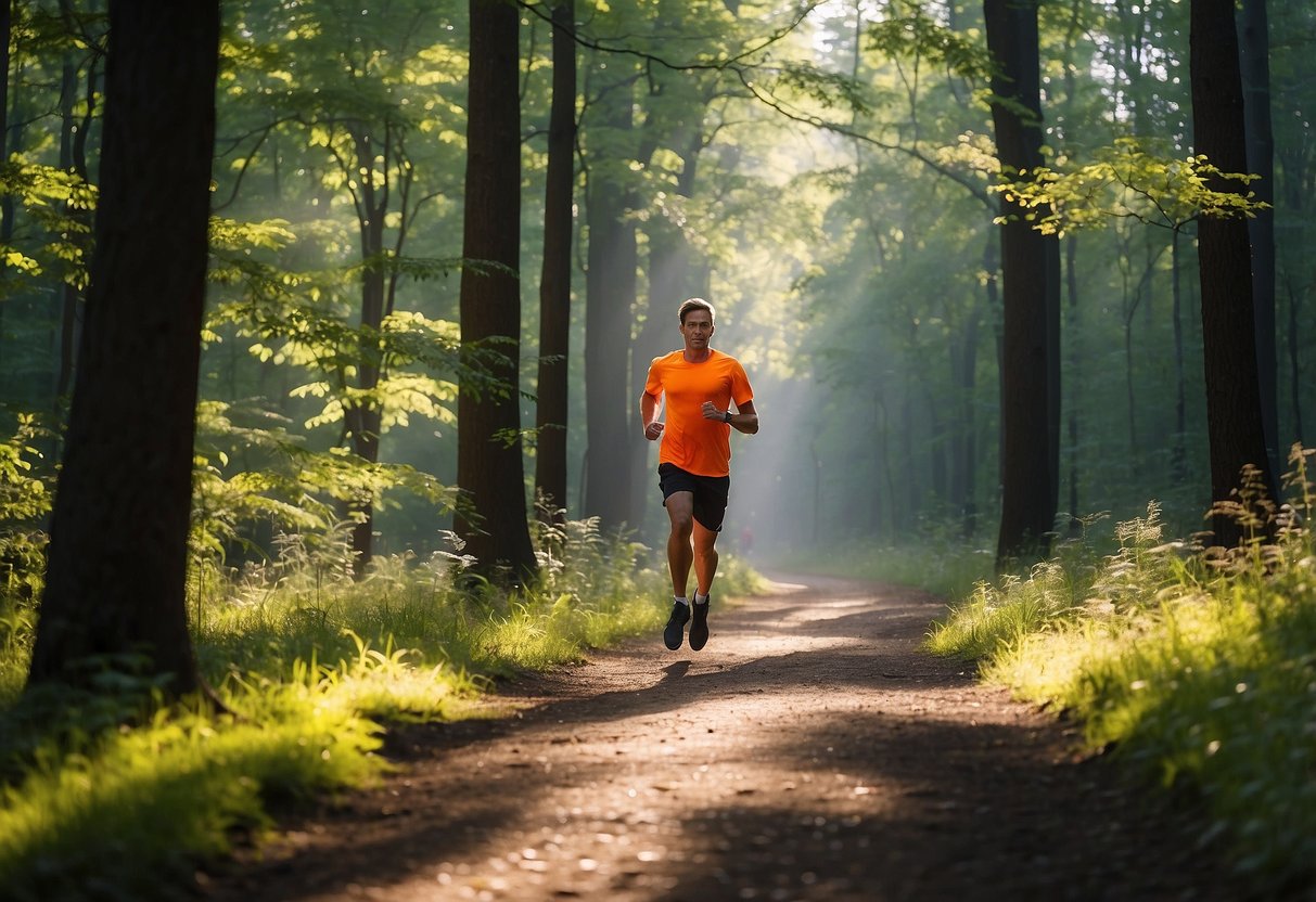 A runner in bright clothing navigates a forest trail, passing through patches of sunlight and shade. The vibrant colors stand out against the natural surroundings, ensuring visibility and safety