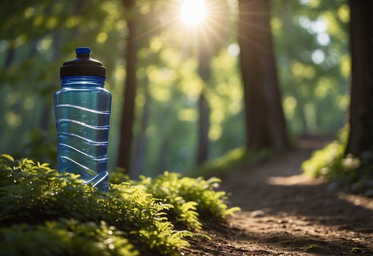 A trail runner's water bottle sits next to a shady tree, surrounded by lush greenery and a winding path. The sun shines overhead, emphasizing the importance of staying hydrated while running solo