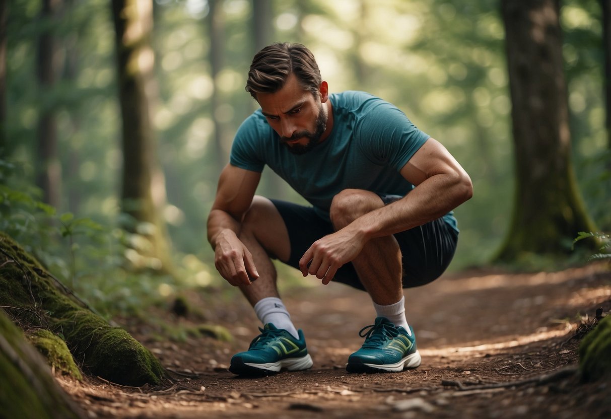 A runner tends to a twisted ankle on a forest trail. First aid kit and safety tips are visible nearby