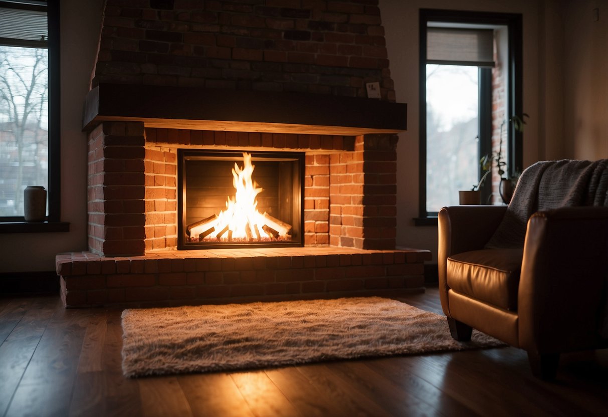 A crackling fire warms the cozy brick traditional corner fireplace, casting a soft glow over the room. The flickering flames create a comforting ambiance, perfect for a relaxing evening at home