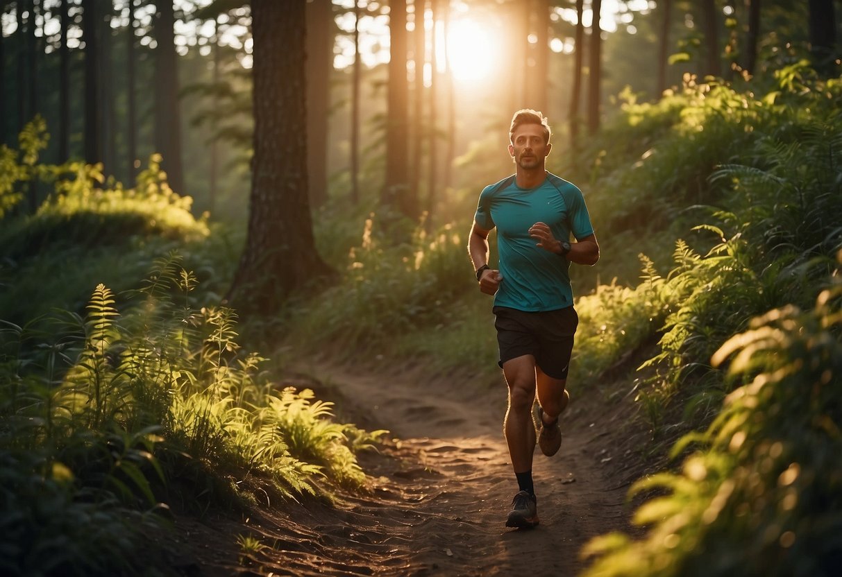 A trail runner carries a whistle for emergencies, surrounded by lush forest and winding paths. The sun sets in the distance, casting a warm glow over the scene