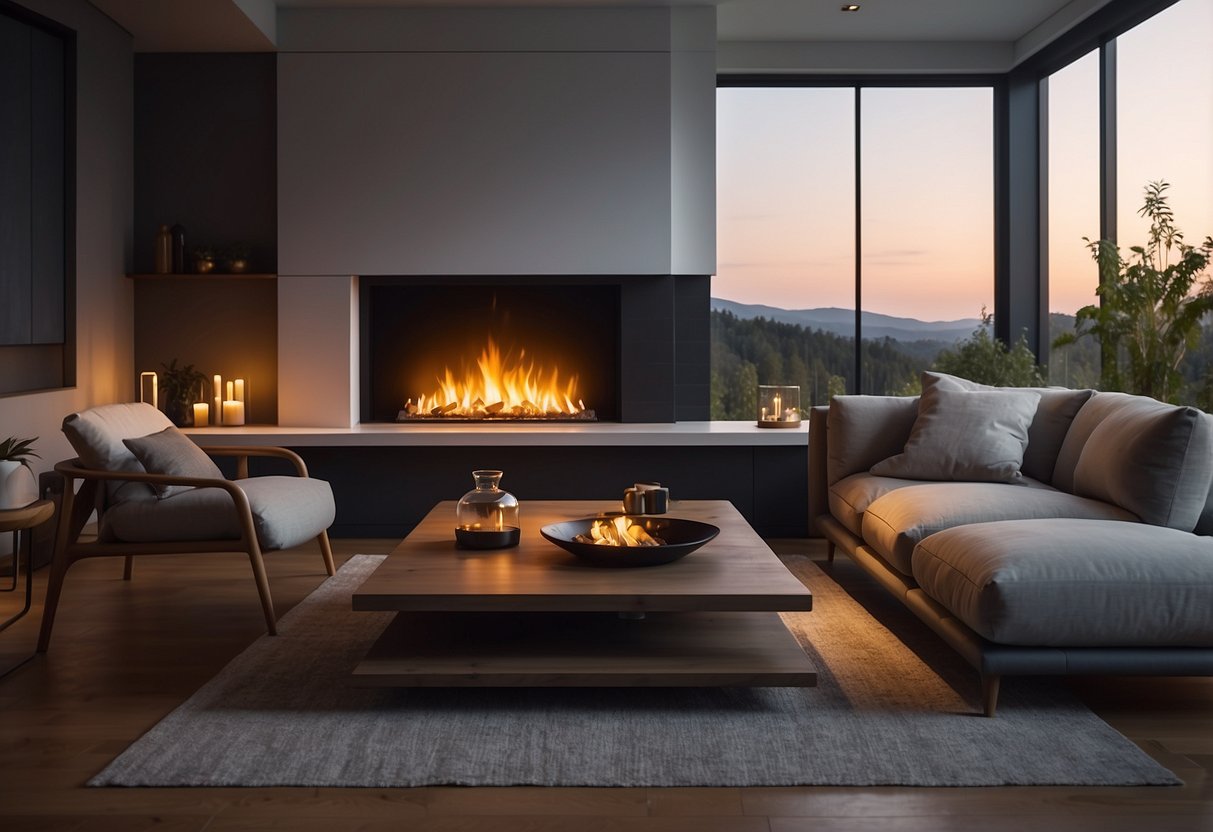 A cozy living room with a modern electric corner fireplace heater as the focal point. Comfortable seating surrounds the fireplace, with warm lighting and decor creating a welcoming ambiance