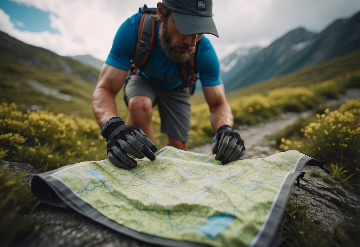 A trail runner selects a path, checks a map, and packs safety gear