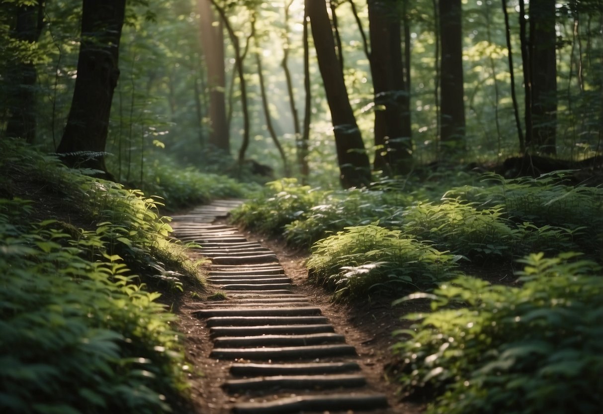 A trail winds through a lush forest, with a clear stream running alongside. Biodegradable markers and signs indicate the eco-friendly route. Litter-free paths showcase the beauty of nature