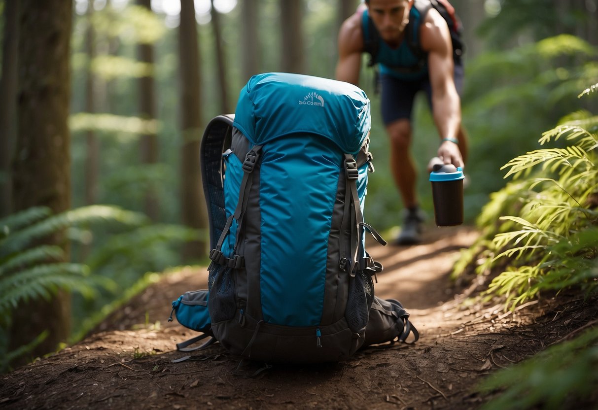 A trail runner places a reusable water bottle in a backpack, surrounded by eco-friendly items like a bamboo snack container and a compostable waste bag