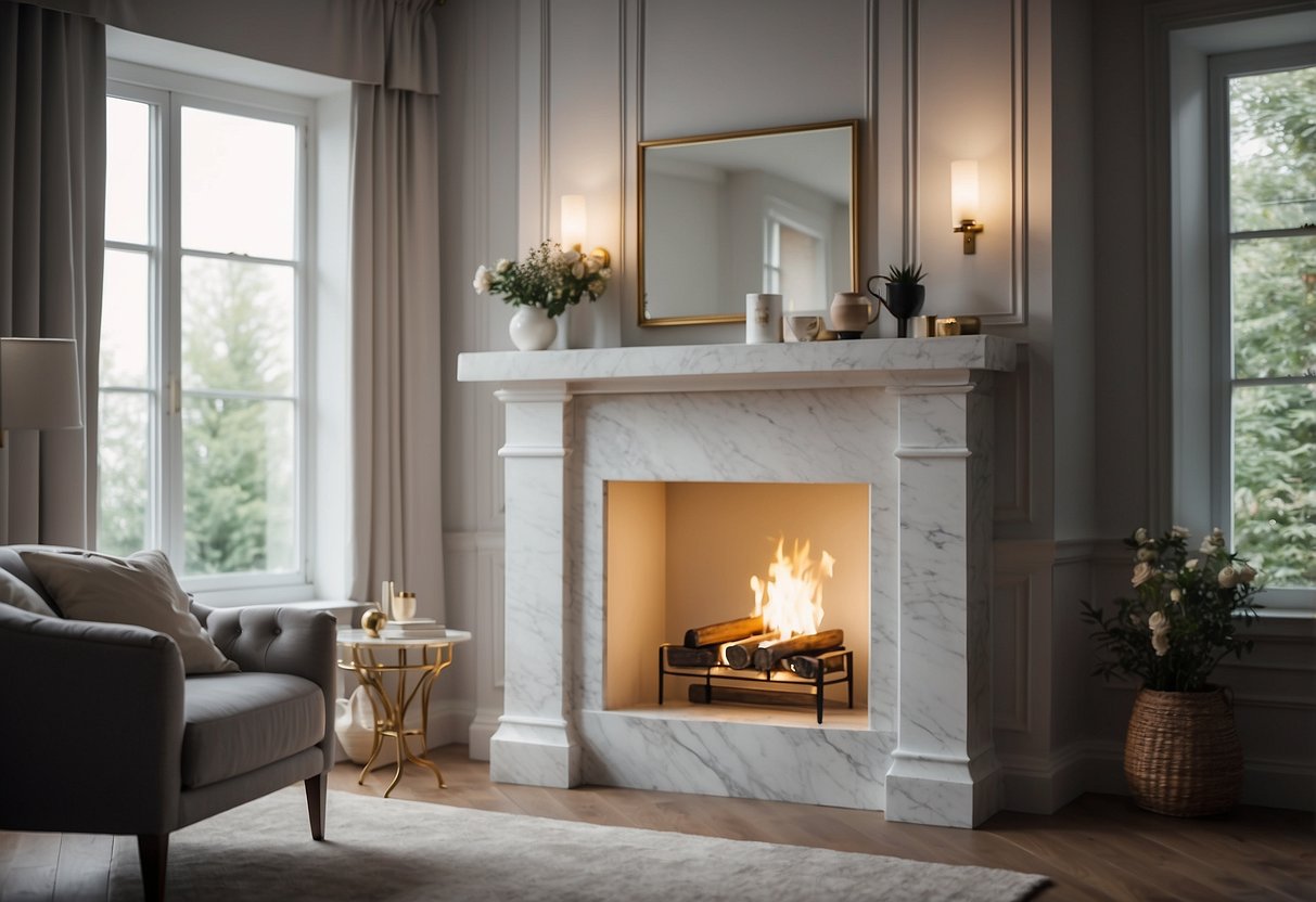 A chic white marble corner fireplace stands in a cozy room, with soft lighting and elegant decor