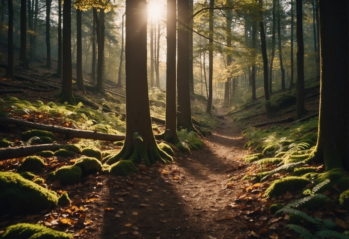 A trail winds through a forest, marked with clear signs. Trees tower overhead, and the ground is covered in fallen leaves. A small stream runs alongside the path, and the sunlight filters through the canopy above