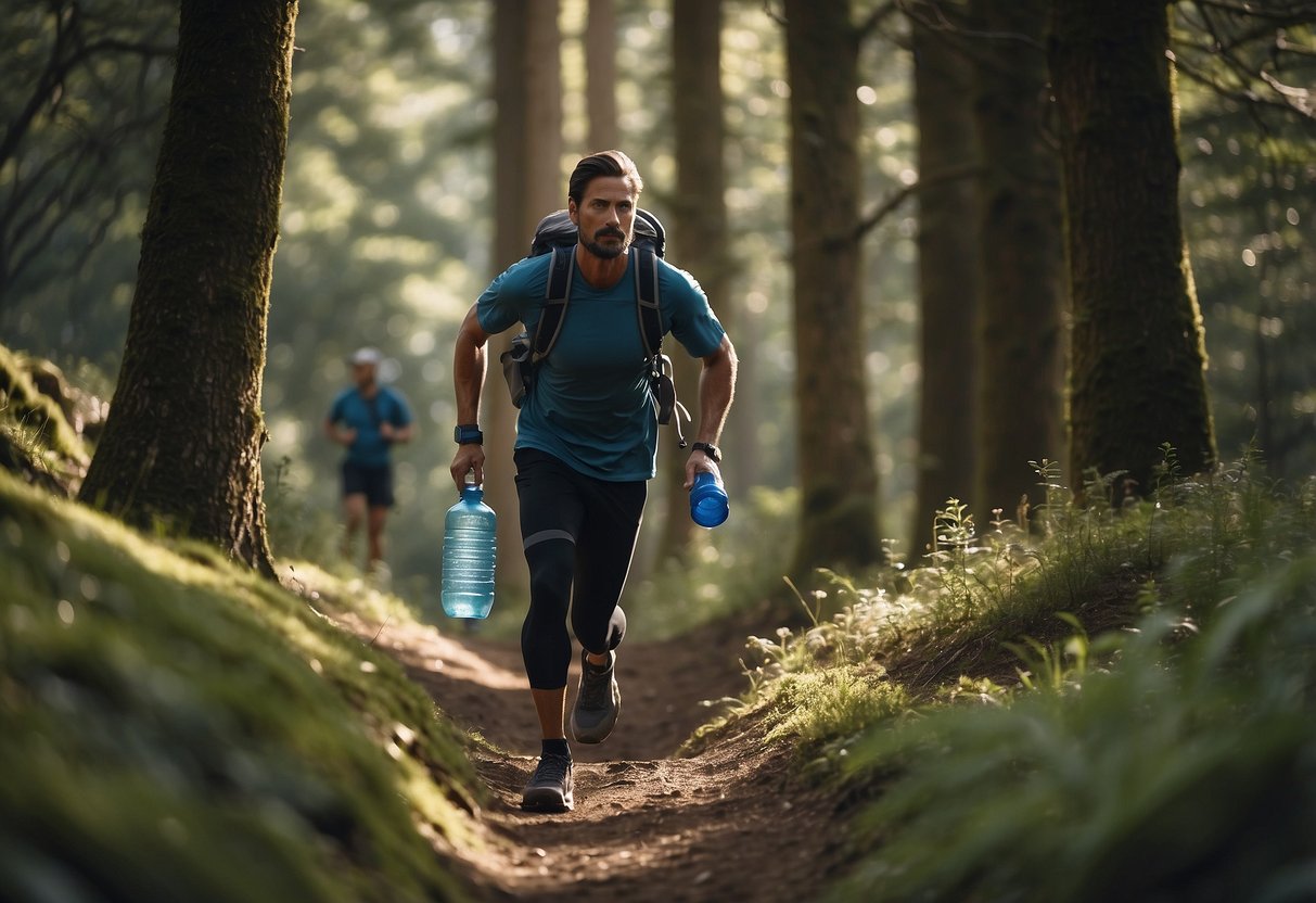 A trail runner wearing eco-friendly gear, surrounded by trees and wildlife, carrying a reusable water bottle and picking up litter