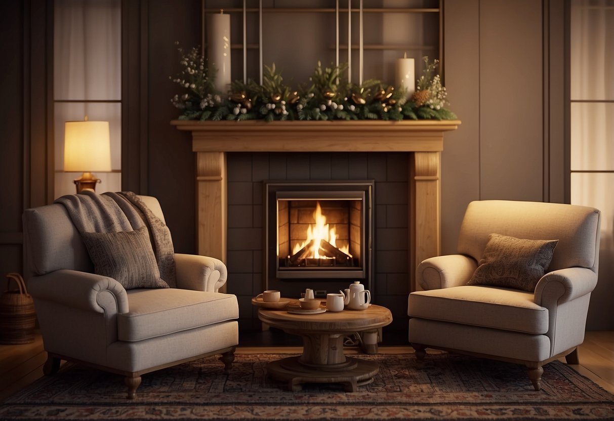 A cozy living room with a classic wooden mantel corner fireplace, adorned with a flickering fire and surrounded by comfortable armchairs and a warm rug