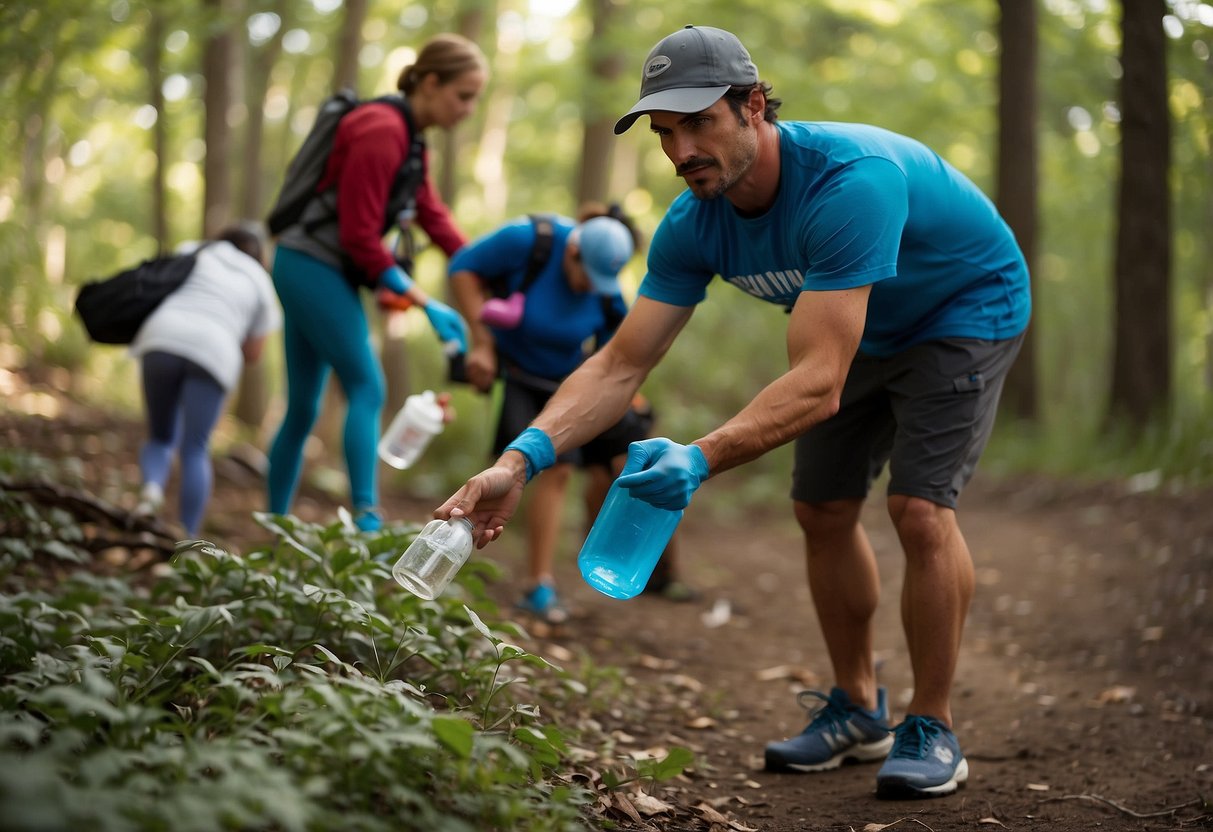 Trail cleanup: volunteers collect trash, recycle, and clear debris. Eco-friendly runners use reusable water bottles and pick up litter