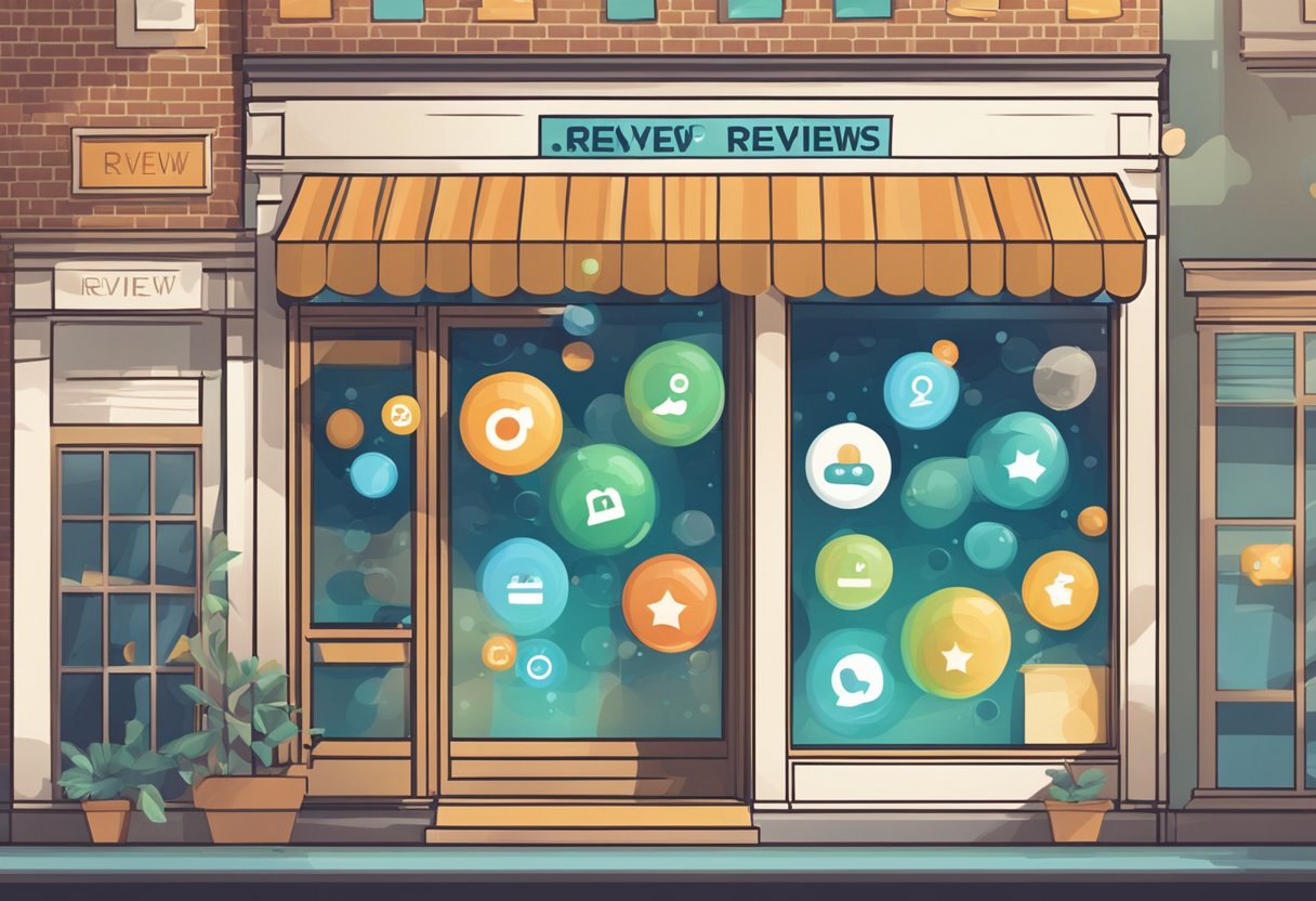 A digital storefront with positive and negative review bubbles floating above it, representing the impact of online reviews on local store marketing