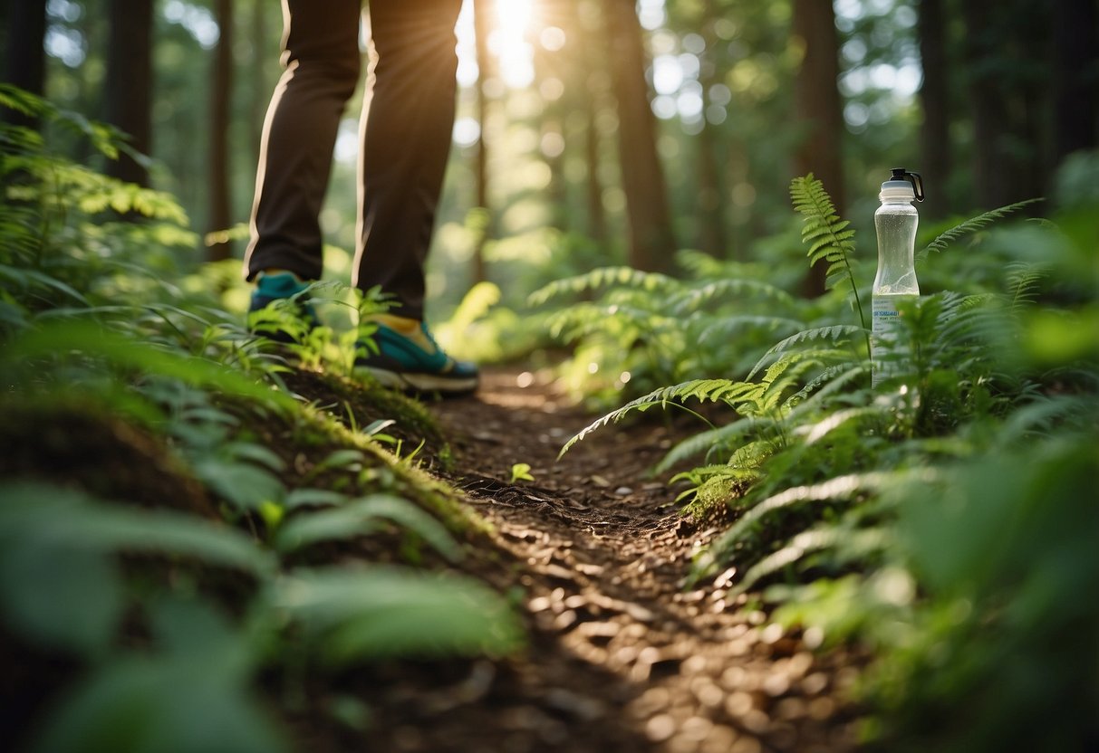 A lush forest trail with a runner applying biodegradable sunscreen, reusable water bottle, picking up litter, and avoiding trampling plants