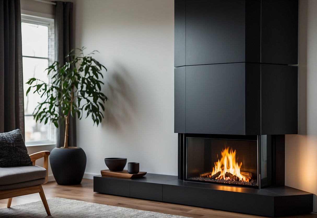 A sleek black slate corner fireplace stands in a modern living room, casting a warm glow against the surrounding decor