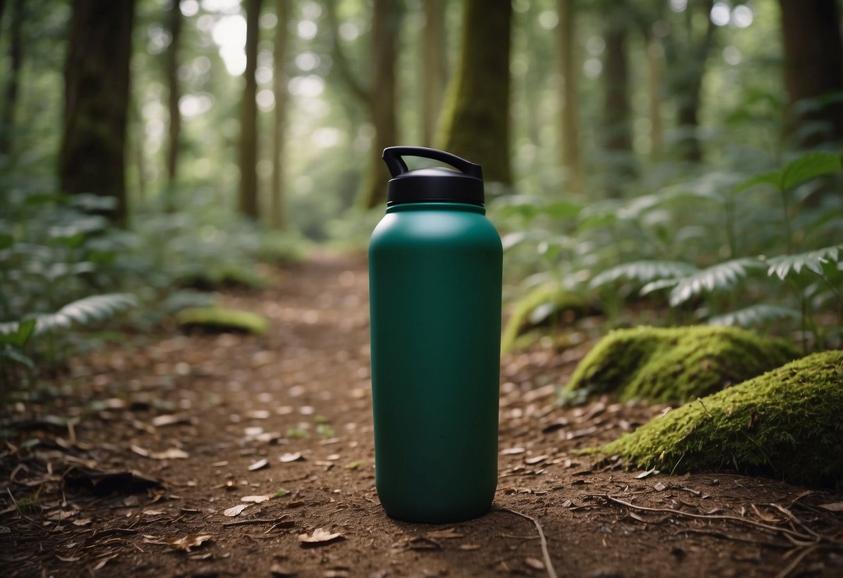 A trail winds through a lush forest, with biodegradable markers and bins for waste separation. Runners carry reusable water bottles and pick up any litter they find