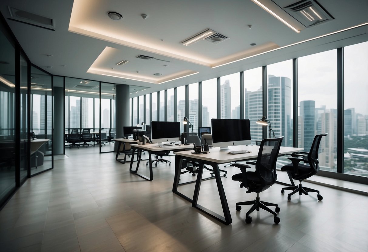 A modern office with ergonomic furniture in Singapore. A sleek desk, adjustable chair, and standing desk are arranged in a well-lit space