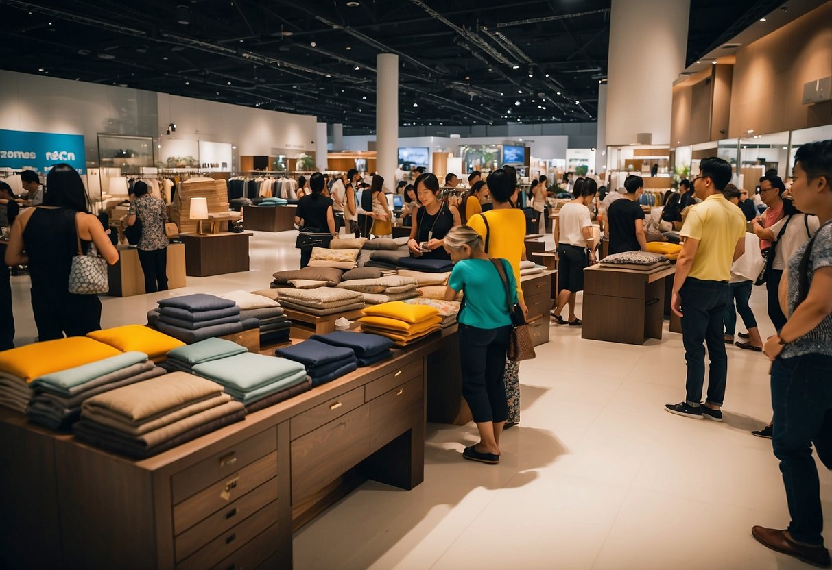 A bustling expat furniture sale in Singapore, with colorful displays and eager shoppers browsing the unique pieces
