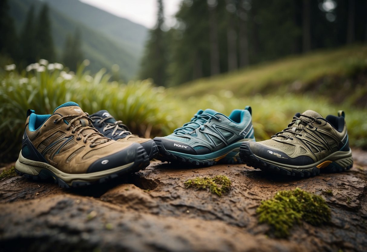 A variety of trail running shoes arranged on different terrains - rocky, muddy, and grassy - showcasing their versatility and suitability for different outdoor conditions