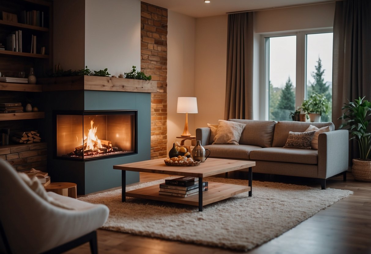 A cozy living room with a compact ceramic tile corner fireplace surrounded by comfortable seating and warm lighting