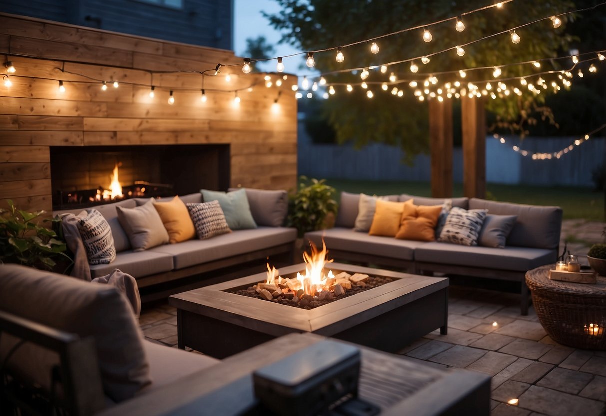 An outdoor corner fireplace with a built-in grill, surrounded by cozy seating and adorned with string lights, creating a warm and inviting atmosphere