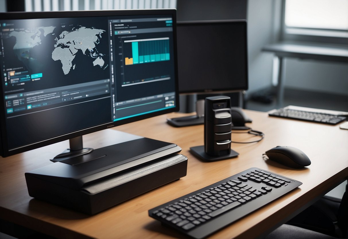 An office desk with an adjustable chair and monitor stand. A keyboard and mouse are positioned at a comfortable height. The desk is organized with a document holder and a footrest for support