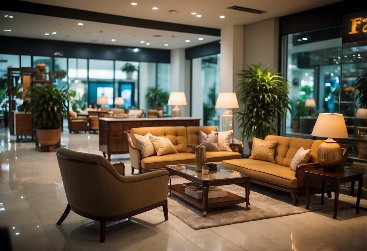 A bustling furniture showroom in Singapore with expat-themed decor and a prominent "sale" sign