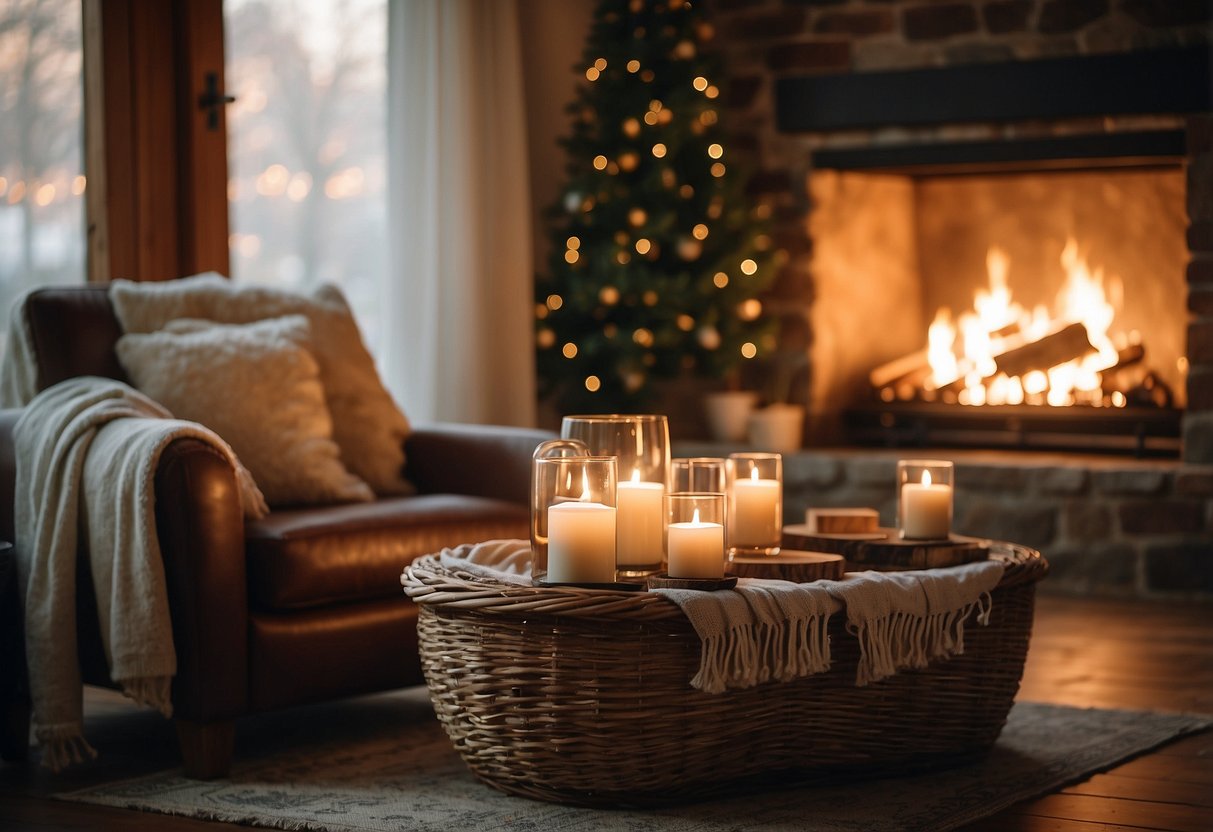 A cozy corner fireplace with plush armchairs, soft blankets, and warm lighting creates a hygge-inspired atmosphere