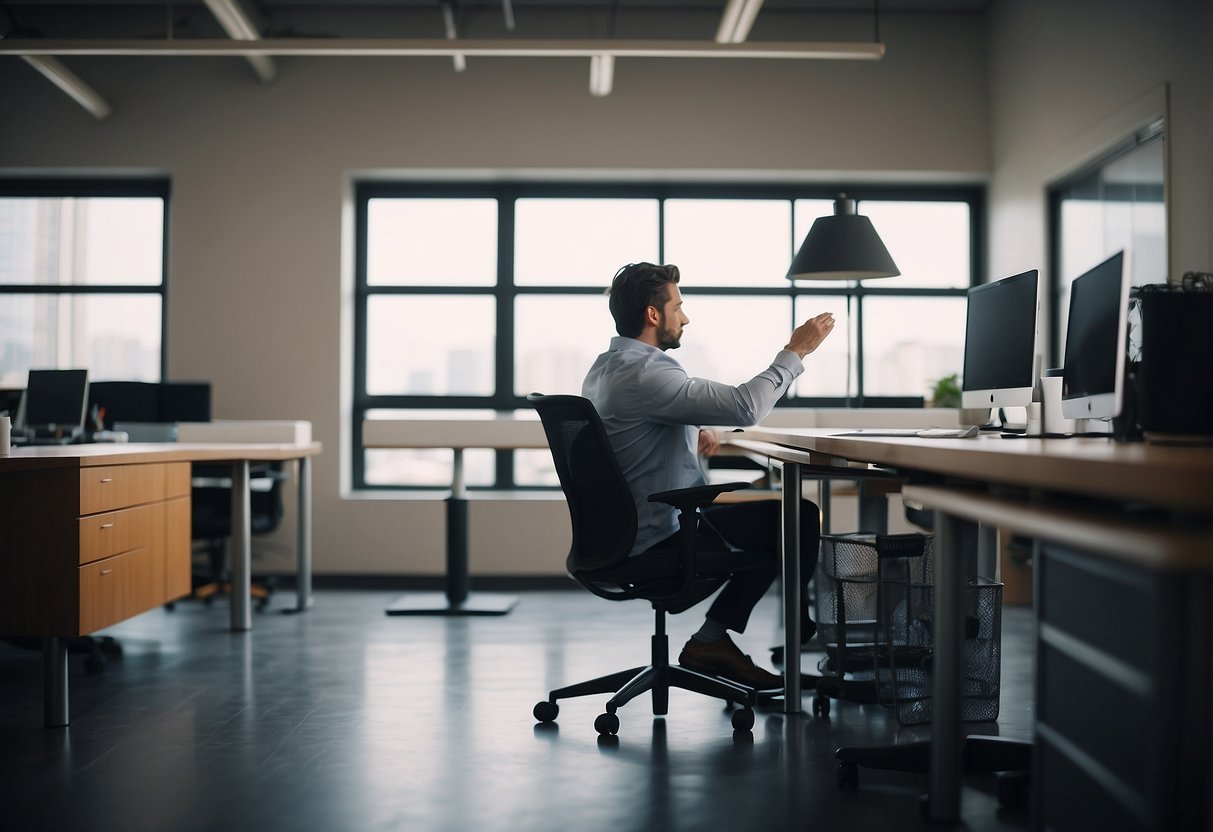 A person adjusting a chair and desk to fit their body comfortably