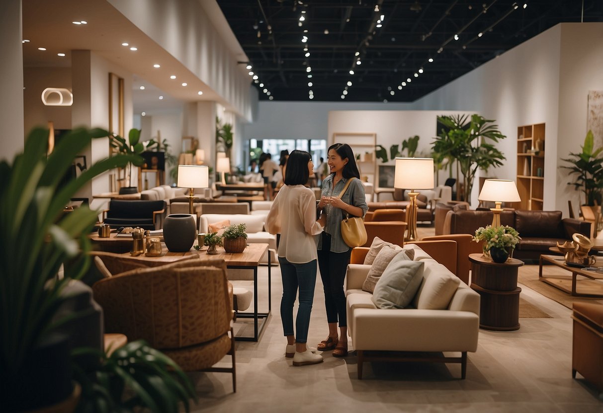 A couple browses through a variety of furniture options at an expat furniture sale in Singapore, carefully considering the style and functionality for their new home