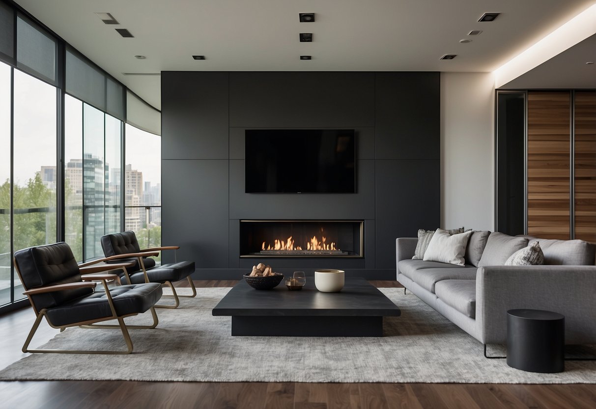 A large industrial steel corner fireplace stands in a modern living room, surrounded by sleek furniture and minimalist decor