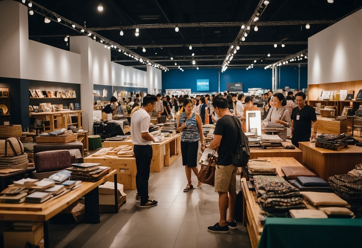 A bustling expat furniture sale in Singapore, with shoppers browsing through a variety of items and vendors answering questions