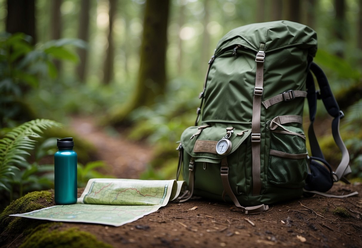 A trail winds through a lush forest, with a map and compass in the foreground. A backpack and water bottle sit nearby, ready for a multi-day adventure