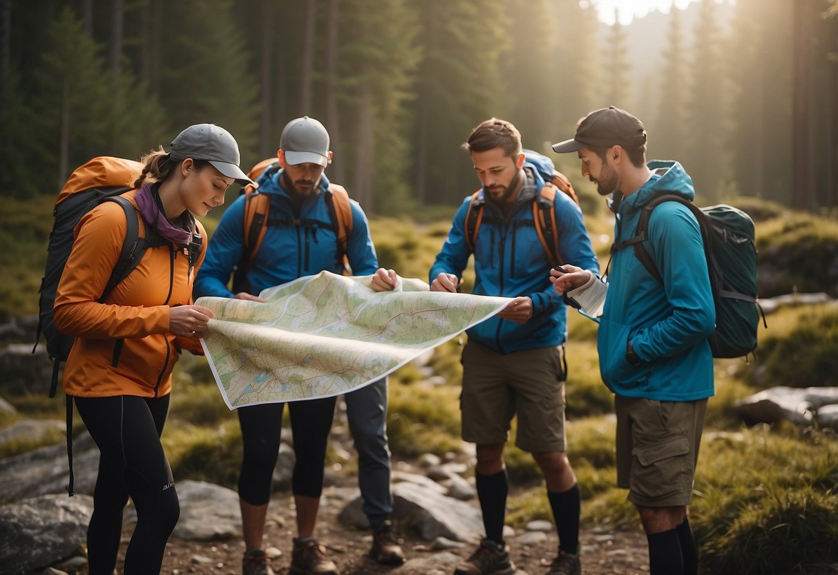 A group of trail runners carefully studies a map, planning their route for a multi-day adventure. They consider terrain, water sources, and campsite options before setting off on their chosen trail