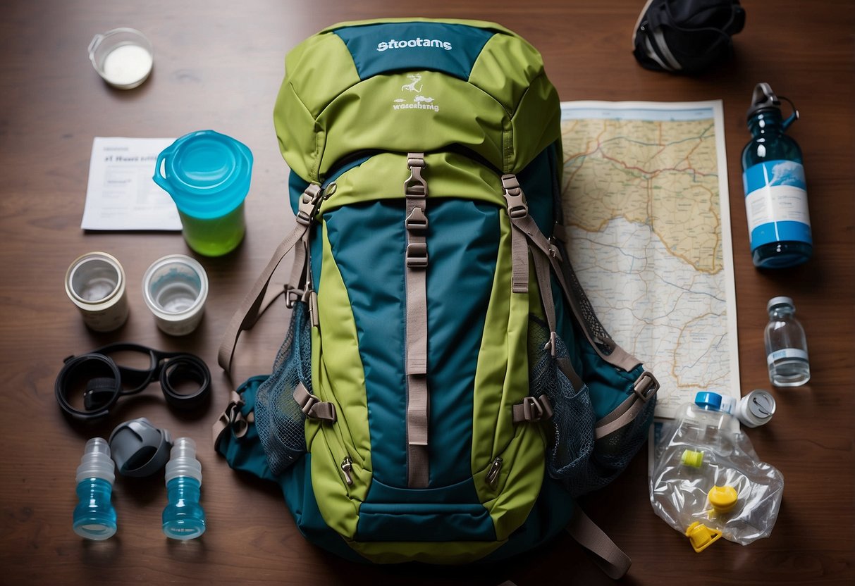 A trail runner's backpack with water bottles, hydration bladder, electrolyte tablets, and a map laid out on a table