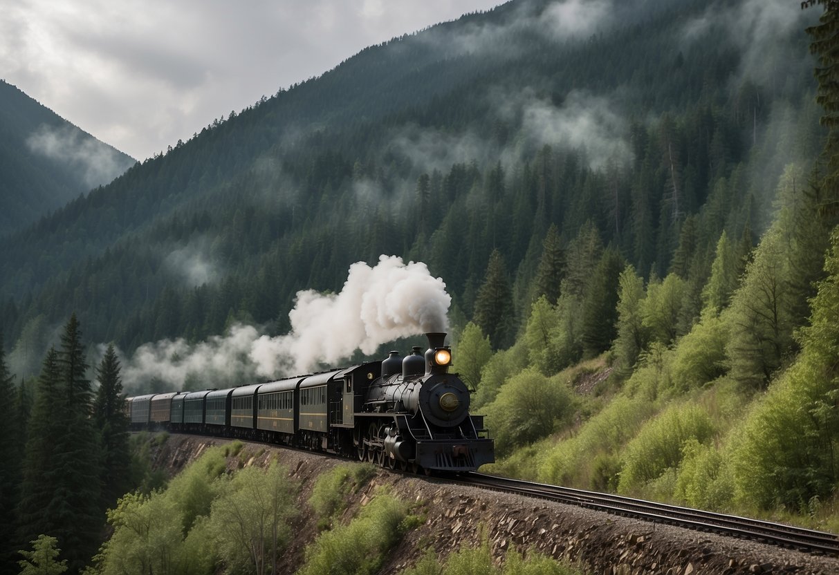 A train chugs through a rugged landscape, passing by steep hills and dense forests. The sky is overcast, with a hint of rain in the air. The train's steam billows into the air as it travels through the wilderness