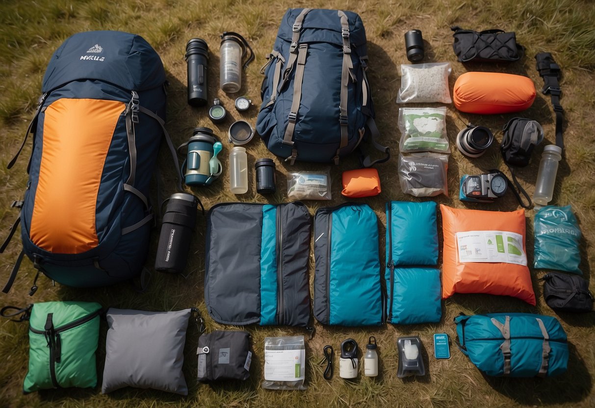 A trail runner packs reliable gear: shoes, hydration pack, map, compass, headlamp, first aid kit, and food for multi-day adventure