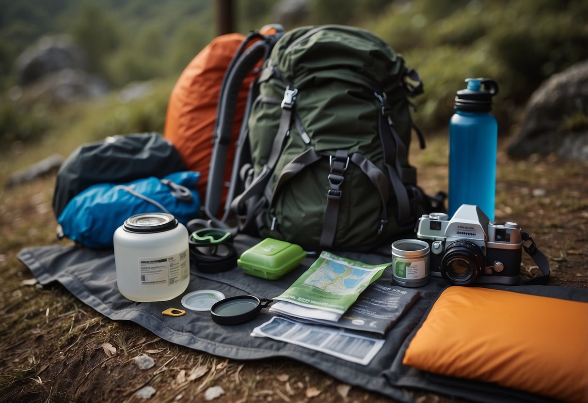 A trail runner's backpack open, revealing a hydration bladder, energy bars, and first aid kit. A map and compass lay nearby, with a tent and sleeping bag rolled up in the background