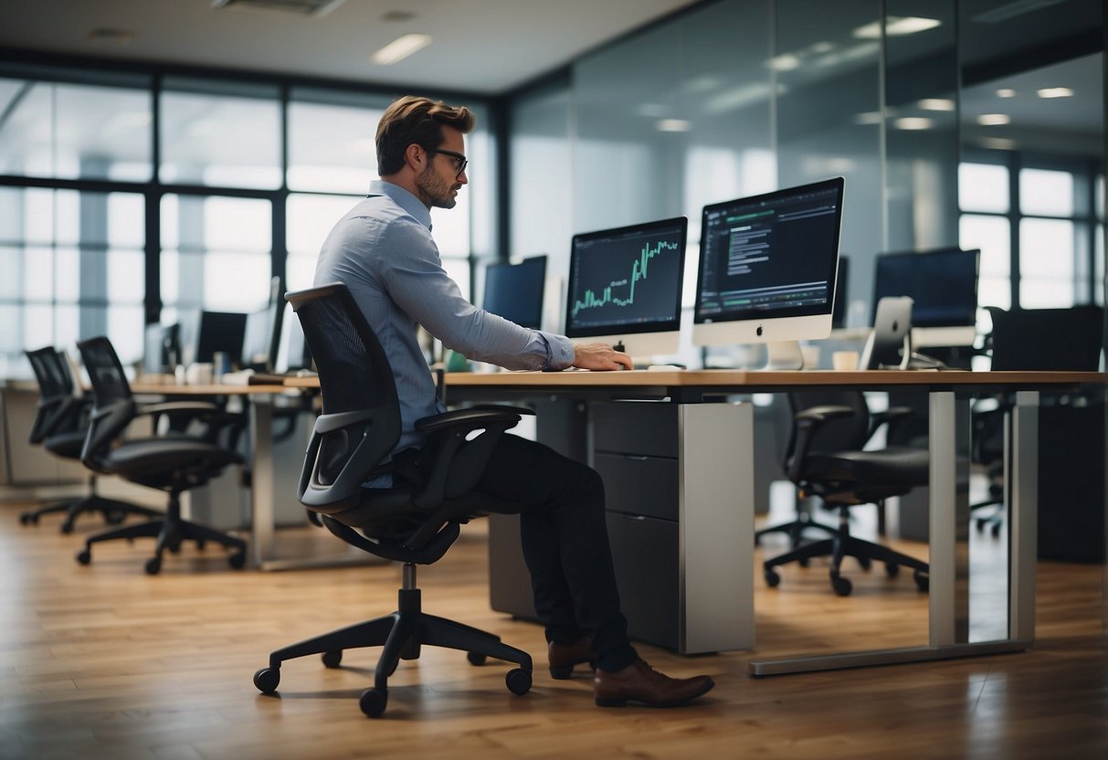 A modern office setting with ergonomic chairs, desks, and standing desks. A person is seen adjusting the height of a chair or desk for comfort