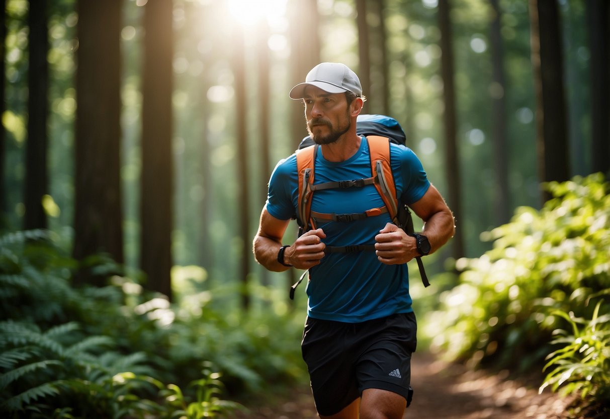 A trail runner wearing a hydration pack runs through a lush forest with sunlight filtering through the trees, showcasing the 5 best hydration packs